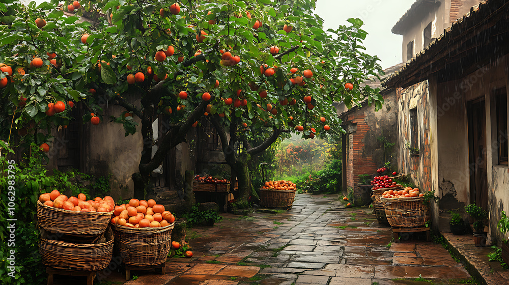 Obraz premium Traditional Orange Market, wallpaper, A place to buy delicious oranges in the midst of a traditional local community environment.