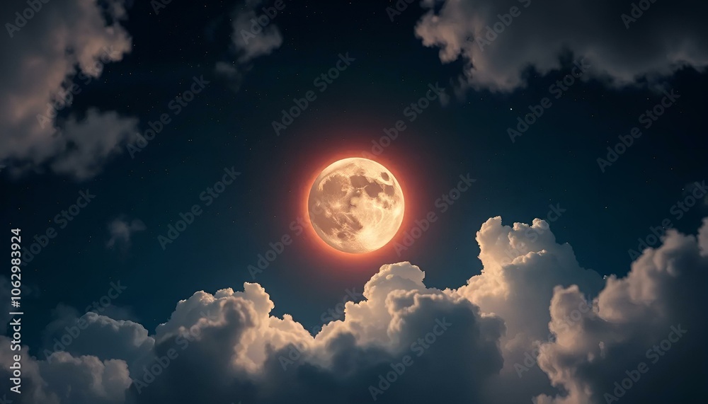 Captivating full moon surrounded by dramatic clouds in the night sky Captivating full moon surrounded by dramatic clouds in the night sky