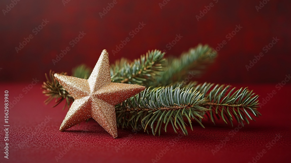 Celebrate Christmas with this festive decoration. A Christmas tree branch and star ornament sit on a red table, creating a perfect backdrop for your holiday photos or videos. Celebrate Christmas with this festive decoration. A Christmas tree branch and star ornament sit on a red table, creating a perfect backdrop for your holiday photos or videos.