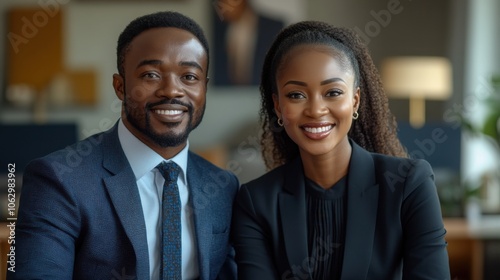 A smiling Black man and woman in business attire, looking at the camera.