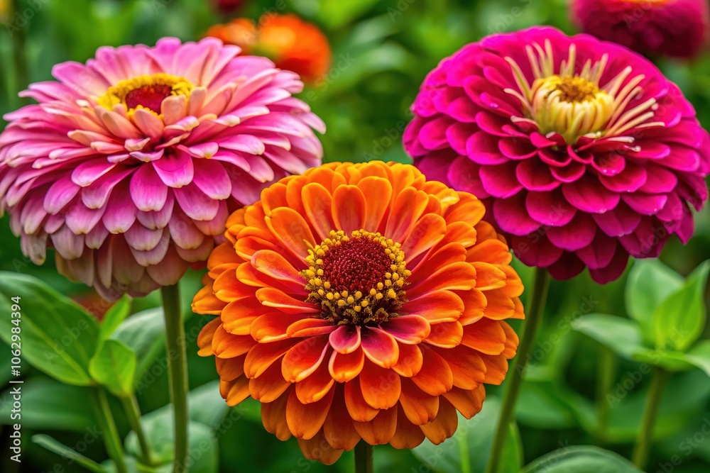 Experience a vibrant trio of blooming zinnia flowers, perfect for garden lovers and floral decor enthusiasts, adding color and cheer to your home and garden. Experience a vibrant trio of blooming zinnia flowers, perfect for garden lovers and floral decor enthusiasts, adding color and cheer to your home and garden.