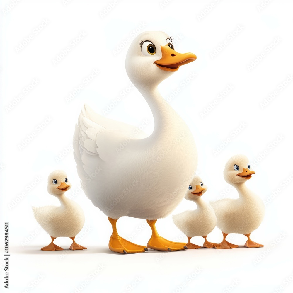 Happy cute mother goose and baby geese illustration on a white background Happy cute mother goose and baby geese illustration on a white background