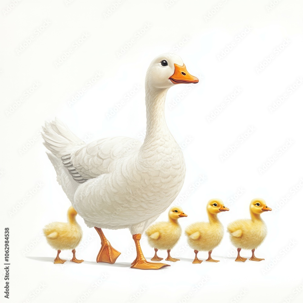 Happy cute mother goose and baby geese illustration on a white background Happy cute mother goose and baby geese illustration on a white background