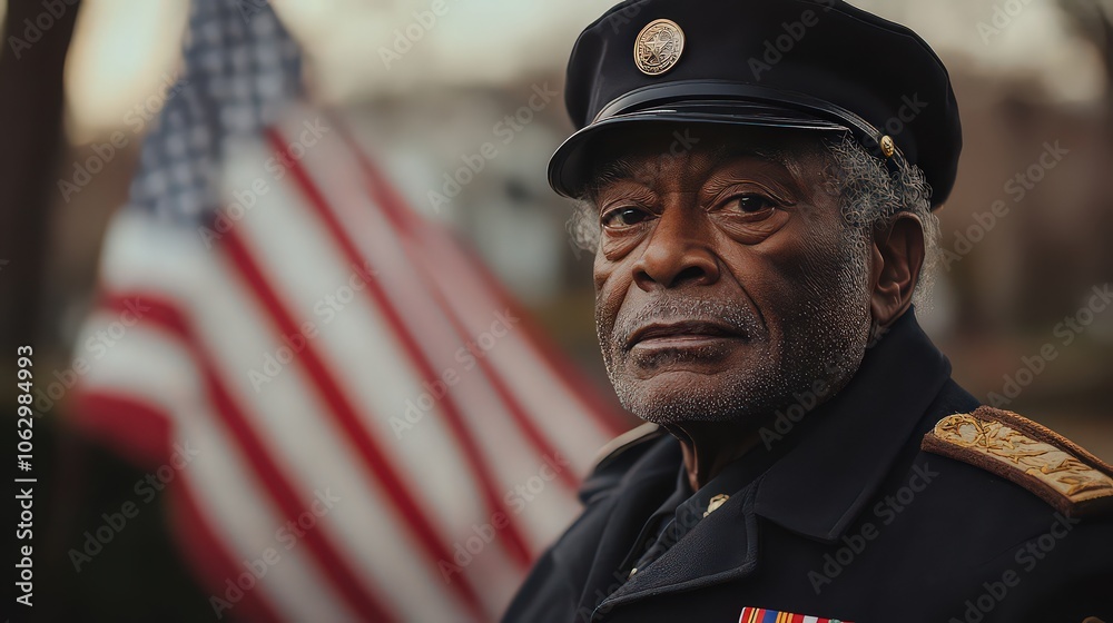 Obraz premium Portrait of a veteran wearing military attire with an American flag in the background, symbolizing honor, service, and patriotism.