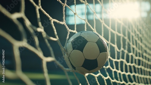 A close-up of a soccer ball caught in a goal net, illuminated by sunlight.