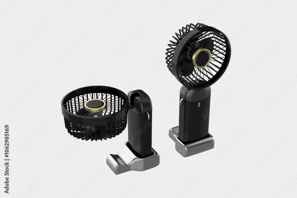 Portable rechargeable mini fans. Portable fans that can be easily carried everywhere. Close-up of tosca portable fans. 3d illustration Portable rechargeable mini fans. Portable fans that can be easily carried everywhere. Close-up of tosca portable fans. 3d illustration