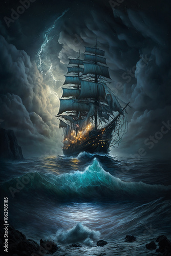 Mystical Stormy Seas: An Old Sailing Ship Battling Thunderous Waves Under Ominous Clouds and Lightning, Capturing Adventure and Nautical Majesty.