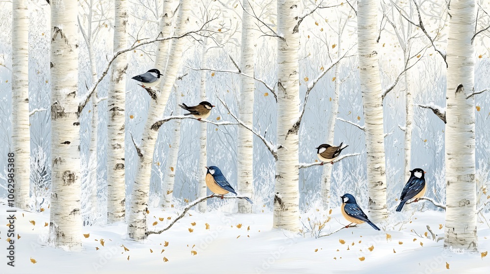 Birches and birds create a scene in the winter season without any lines or breaks.