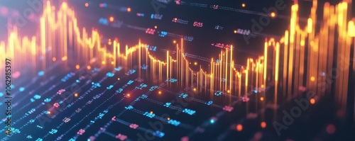 Glowing data points on line charts in annual financial analysis, modern business overview, 3D illustration