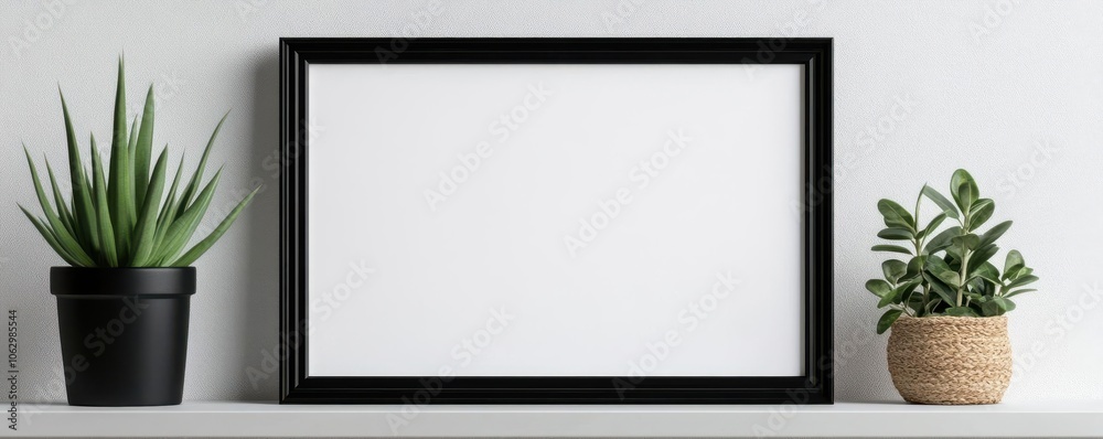 A minimalist scene featuring a blank picture frame on a shelf, flanked by two potted plants, creating a fresh and modern aesthetic. A minimalist scene featuring a blank picture frame on a shelf, flanked by two potted plants, creating a fresh and modern aesthetic.