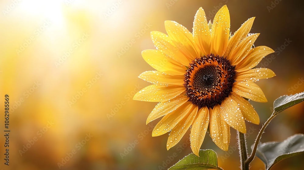 Fototapeta premium Clear dewdrops on sunflower petal, vibrant yellow, high contrast, soft sunlight reflection, natural beauty, high detail