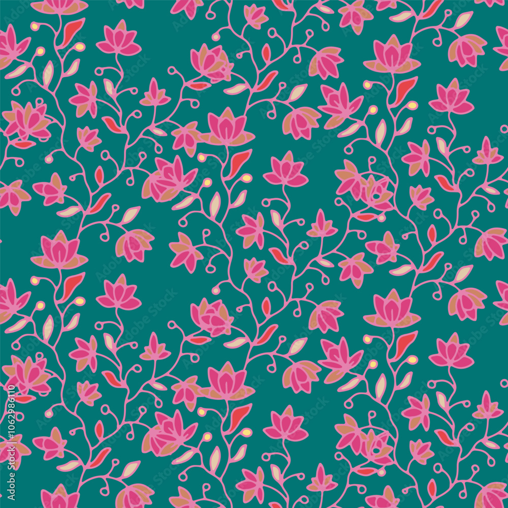 Floral Vines Seamless Pattern Teal