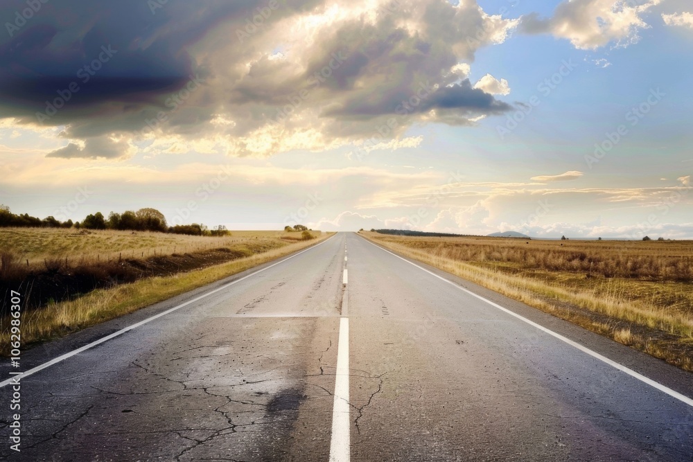 Naklejka premium Scenic Open Highway Under a Dramatic Sky: Endless Road Surrounded by Fields and Golden Light, Perfect for Travel and Adventure Themes