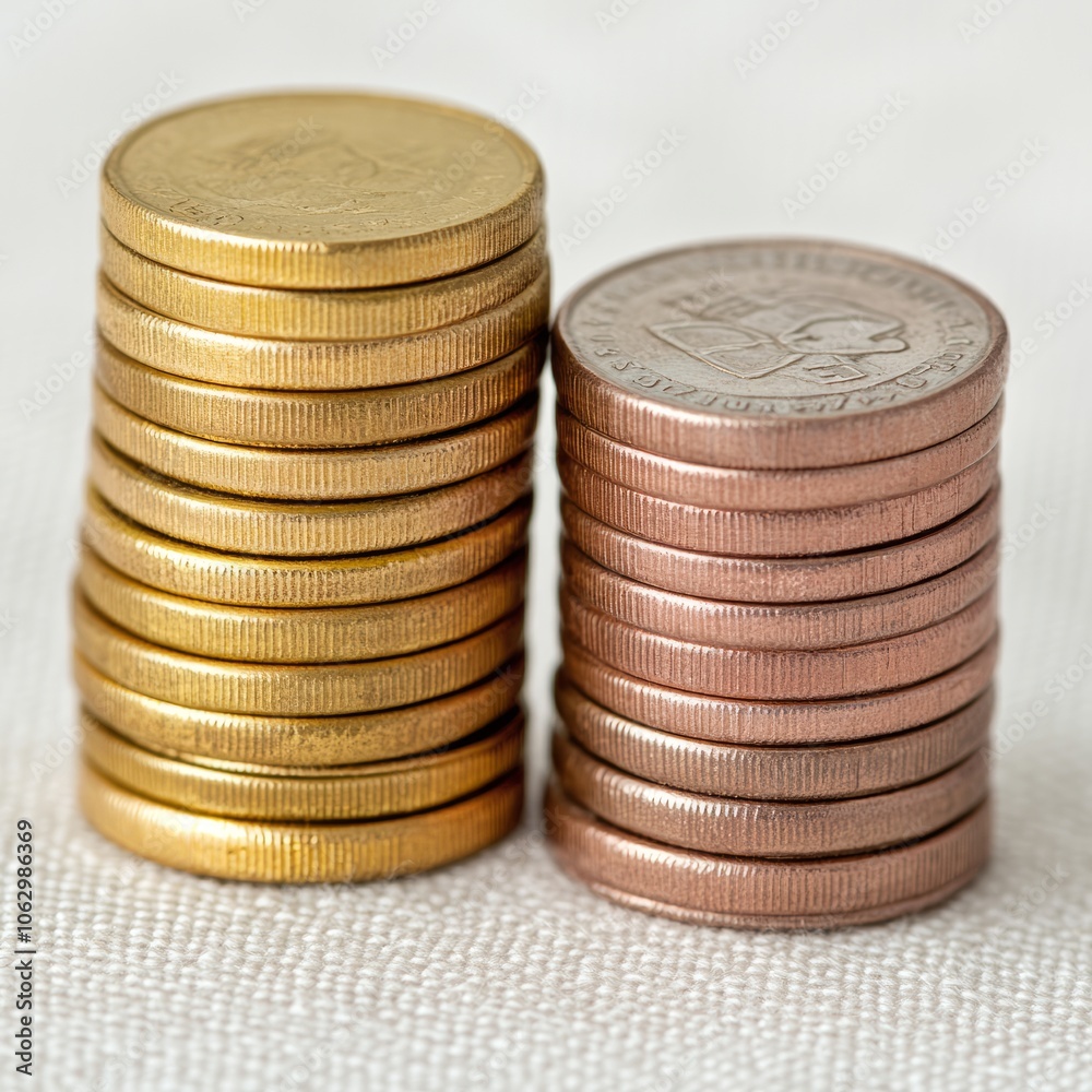 Stacks of gold and bronze coins arranged side by side. Stacks of gold and bronze coins arranged side by side.