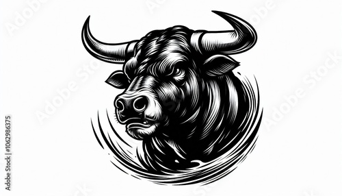 Black and White Illustration of a Bull s Head with Horns photo