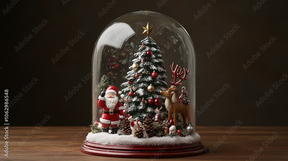 Celebrate Christmas and New Year with a festive glass dome featuring a Christmas tree, Santa Claus, baubles, reindeer, pine cones, and tinsel. Celebrate Christmas and New Year with a festive glass dome featuring a Christmas tree, Santa Claus, baubles, reindeer, pine cones, and tinsel.