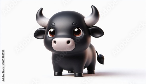 Cute Cartoon Black Bull with Horns  D Rendering
