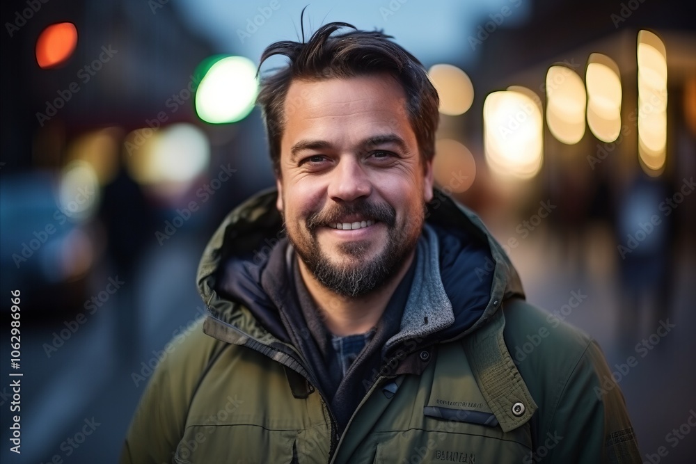 Portrait of a handsome young man smiling in the city at night Portrait of a handsome young man smiling in the city at night
