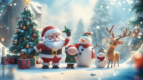 Celebrate Christmas and the New Year with this adorable greeting card featuring Santa Claus, an elf, a snowman, a tree, and a deer. photo