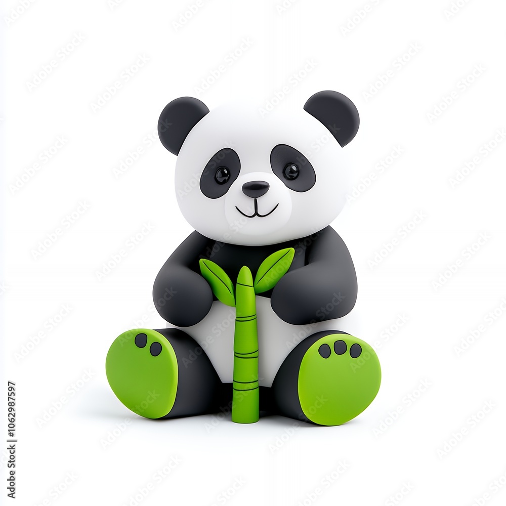 Naklejka premium A cute cartoon panda bear sitting and holding a bamboo shoot.