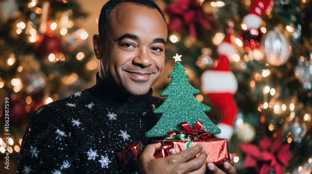 Festive Man Holding Christmas Tree Decoration Festive Man Holding Christmas Tree Decoration