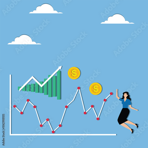 Businesswoman jumps with joy as graph goes up from investment