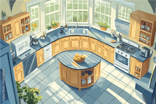 Vector illustration of a retro kitchen in warm tones, capturing a bright, spacious, and inviting cooking area with natural light.