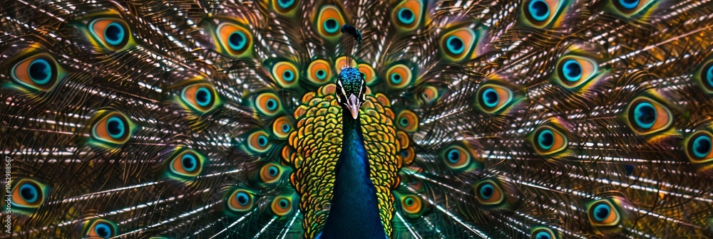 Obraz premium Stunning Male Peacock Displaying Vibrant Plumage, Showcasing Brilliant Feathers in a Colorful Fan, Set Against a Natural Background
