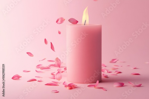 A pink candle with petals swirling in the flame on pink background