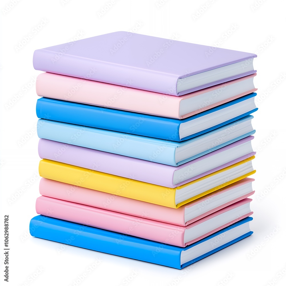 A stack of eight colorful hardcover books isolated on a white background. A stack of eight colorful hardcover books isolated on a white background.