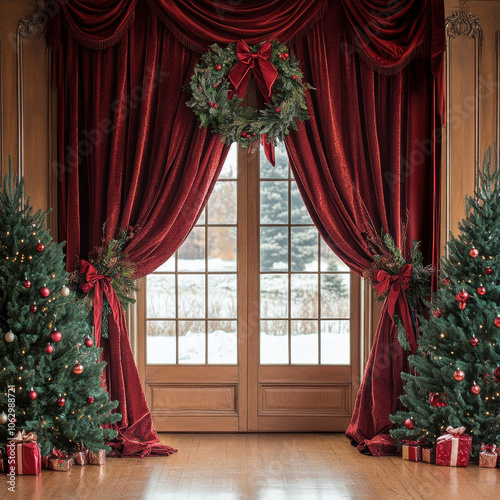 Elegant Christmas themed backdrop with red curtains, wreath, and decorated trees, creating festive atmosphere