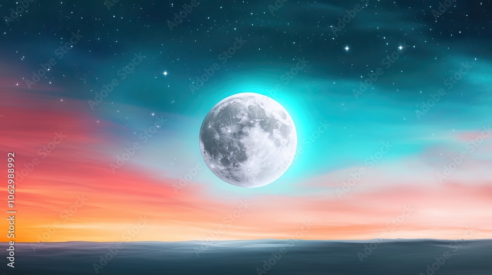 Explore celestial motifs of the sun, moon, and stars in a dreamy landscape at dusk Explore celestial motifs of the sun, moon, and stars in a dreamy landscape at dusk