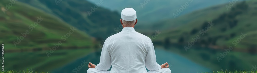 Muslim man meditating by a tranquil pond in a rural area, Muslim man, culture, rural Muslim man meditating by a tranquil pond in a rural area, Muslim man, culture, rural