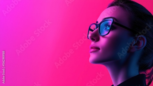 A woman in glasses gazes upward against a vibrant, brightly colored background, showcasing a modern and artistic aesthetic.