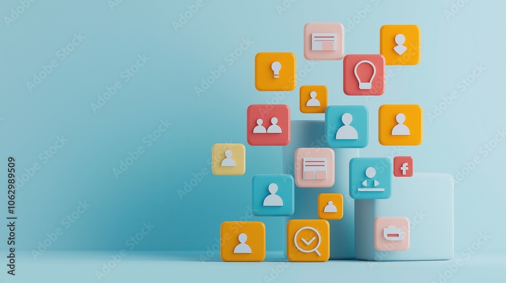 Colorful social media icons arranged creatively, representing digital communication and networking concepts on a blue background. Colorful social media icons arranged creatively, representing digital communication and networking concepts on a blue background.