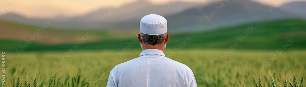 Muslim man walking through a field of wheat, Muslim man, faith, greenery Muslim man walking through a field of wheat, Muslim man, faith, greenery