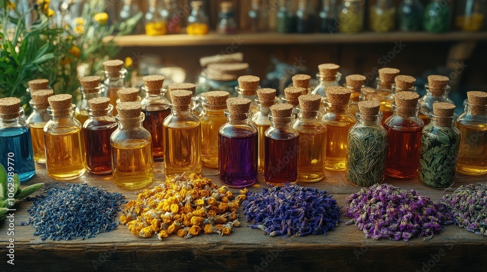 A variety of colorful herbal oils and dried flowers on display. A variety of colorful herbal oils and dried flowers on display.