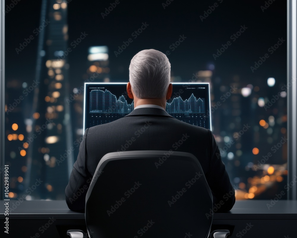 A businessman analyzes data on a computer screen, overlooking a vibrant city skyline at night, depicting a modern, corporate environment.