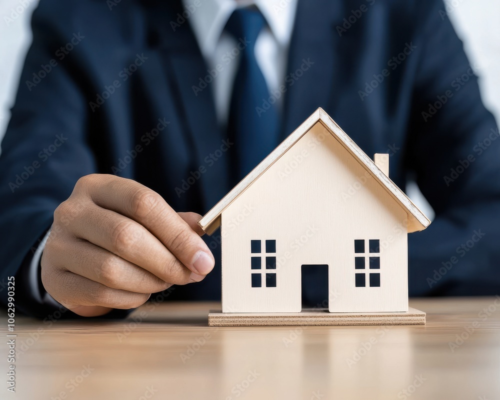 A businessman is holding a miniature wooden house, symbolizing real estate investment and home ownership. A businessman is holding a miniature wooden house, symbolizing real estate investment and home ownership.
