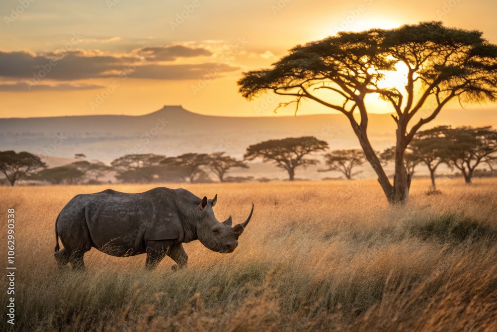 Fototapeta premium Majestic Rhinoceros in Vibrant African Savanna Capturing the Essence of Naturalistic Wildlife Beauty