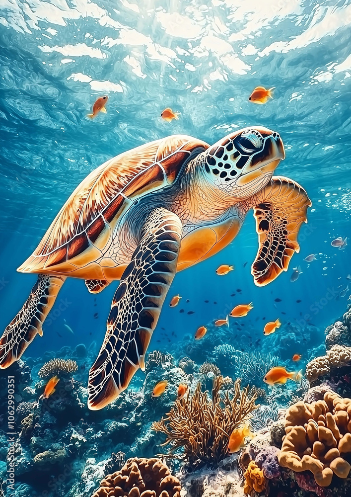Fototapeta premium Underwater Adventures, Celebrating the Happiness of Sea Turtles in Motion