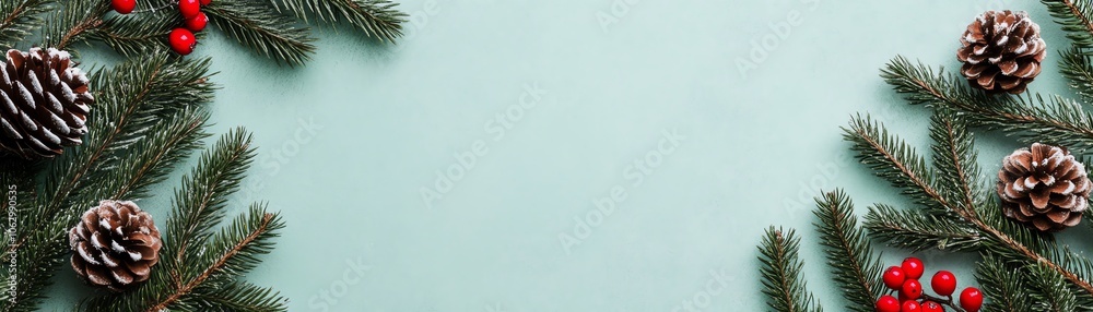 Festive Christmas background with pinecones, red berries, and evergreen branches on a light teal surface, perfect for holiday themes. Festive Christmas background with pinecones, red berries, and evergreen branches on a light teal surface, perfect for holiday themes.