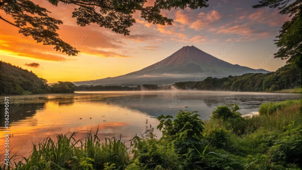 Majestic Volcanic Mountain at Sunrise Reflects in Serene Lake with Vibrant Orange Hues Above Water Majestic Volcanic Mountain at Sunrise Reflects in Serene Lake with Vibrant Orange Hues Above Water
