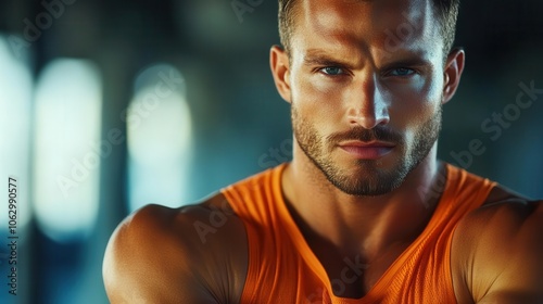 A focused, muscular man in an orange sleeveless shirt gazes intently, showcasing strength and determination in a dynamic, athletic environment.