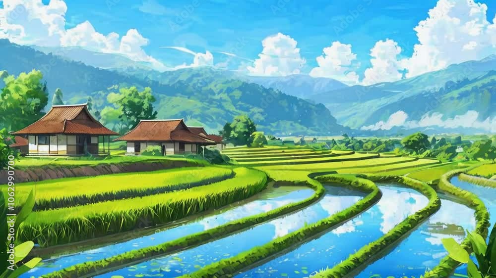 A serene landscape featuring rice terraces, a quaint house, and mountains under a blue sky. A serene landscape featuring rice terraces, a quaint house, and mountains under a blue sky.