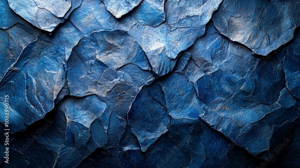 A textured surface of layered blue slate rocks, showcasing natural patterns and colors.