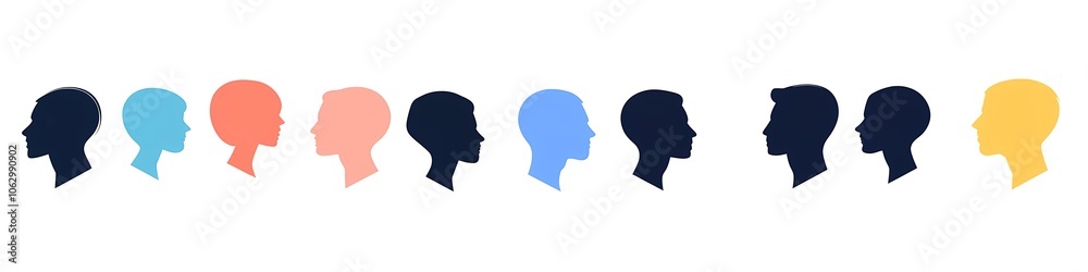 A row of speech bubbles in different colors with silhouettes of heads representing people having a conversation, isolated on a white background A row of speech bubbles in different colors with silhouettes of heads representing people having a conversation, isolated on a white background