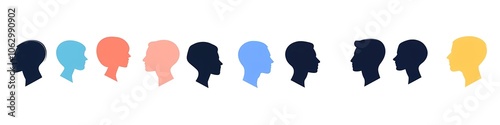 A row of speech bubbles in different colors with silhouettes of heads representing people having a conversation, isolated on a white background