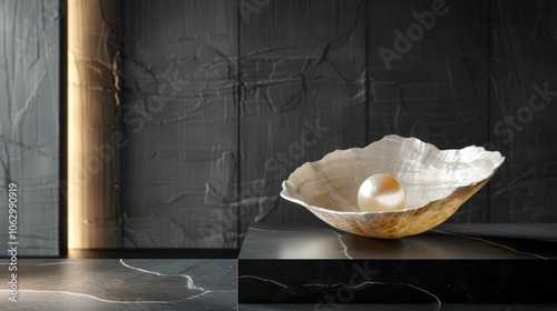 Elegant seashell containing a single pearl on a mirrored podium with dramatic lighting photo