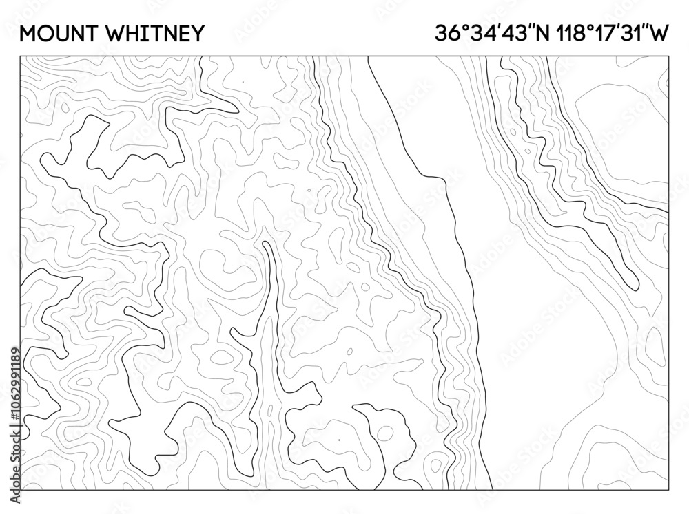 Obraz premium Contour map of Mount Whitney illustrating elevation lines with geographic coordinates for accurate referencing. Topographic map vector.